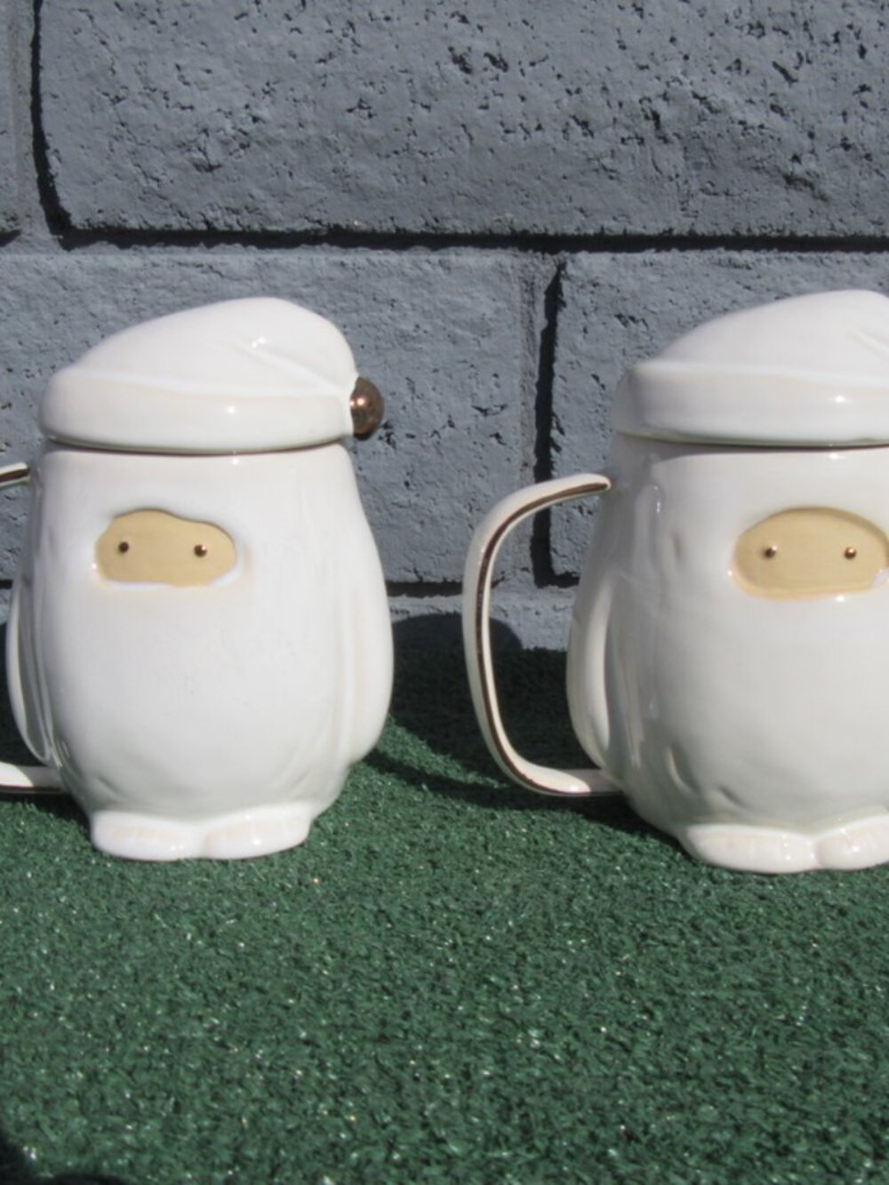 Set of 2 West Elm Yeti Figure Coffee Mugs w/ Lids Abominable Snowman